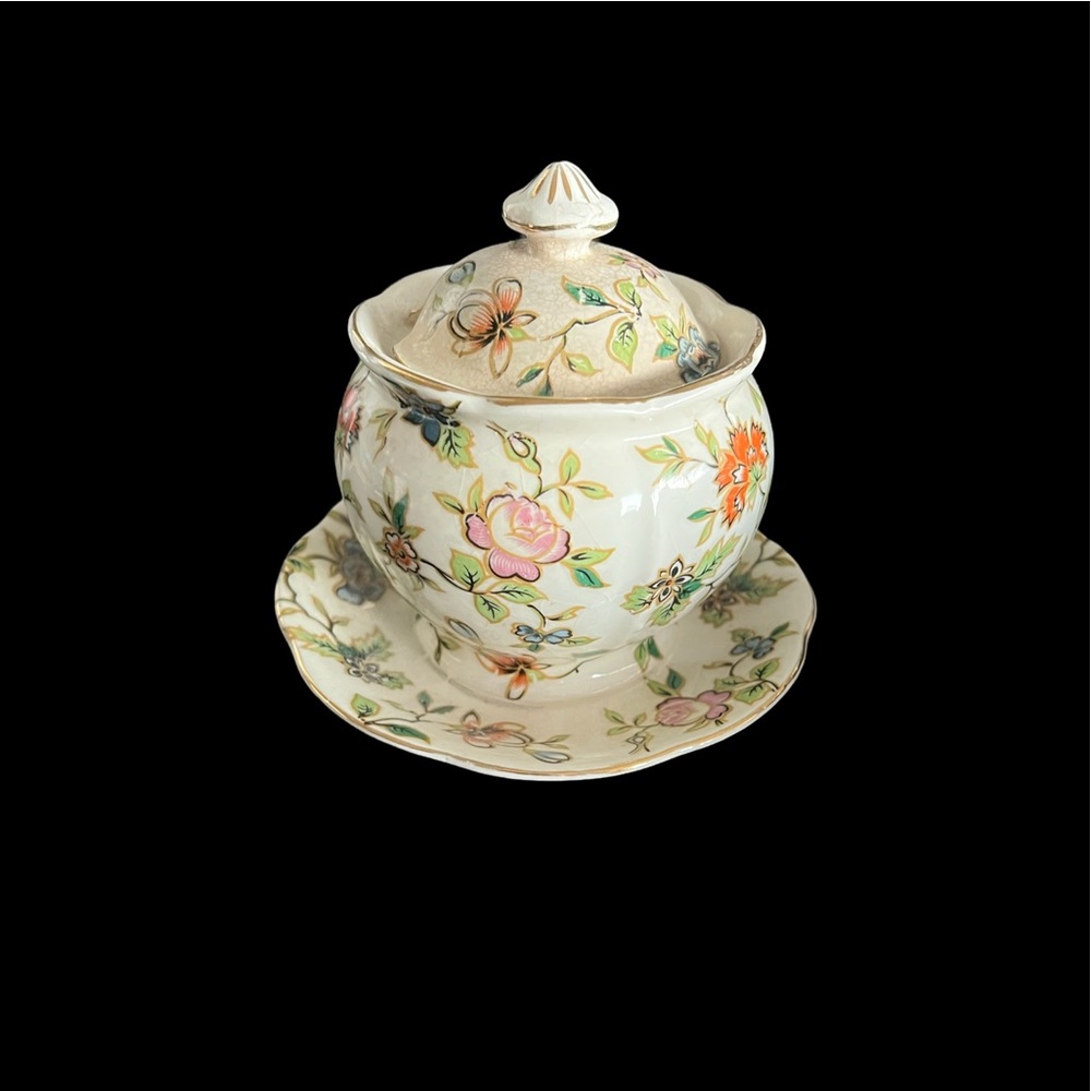 Vintage Ceramic Mustard Pot From Japan Signed MM. Pot Attached To Drip Plate.